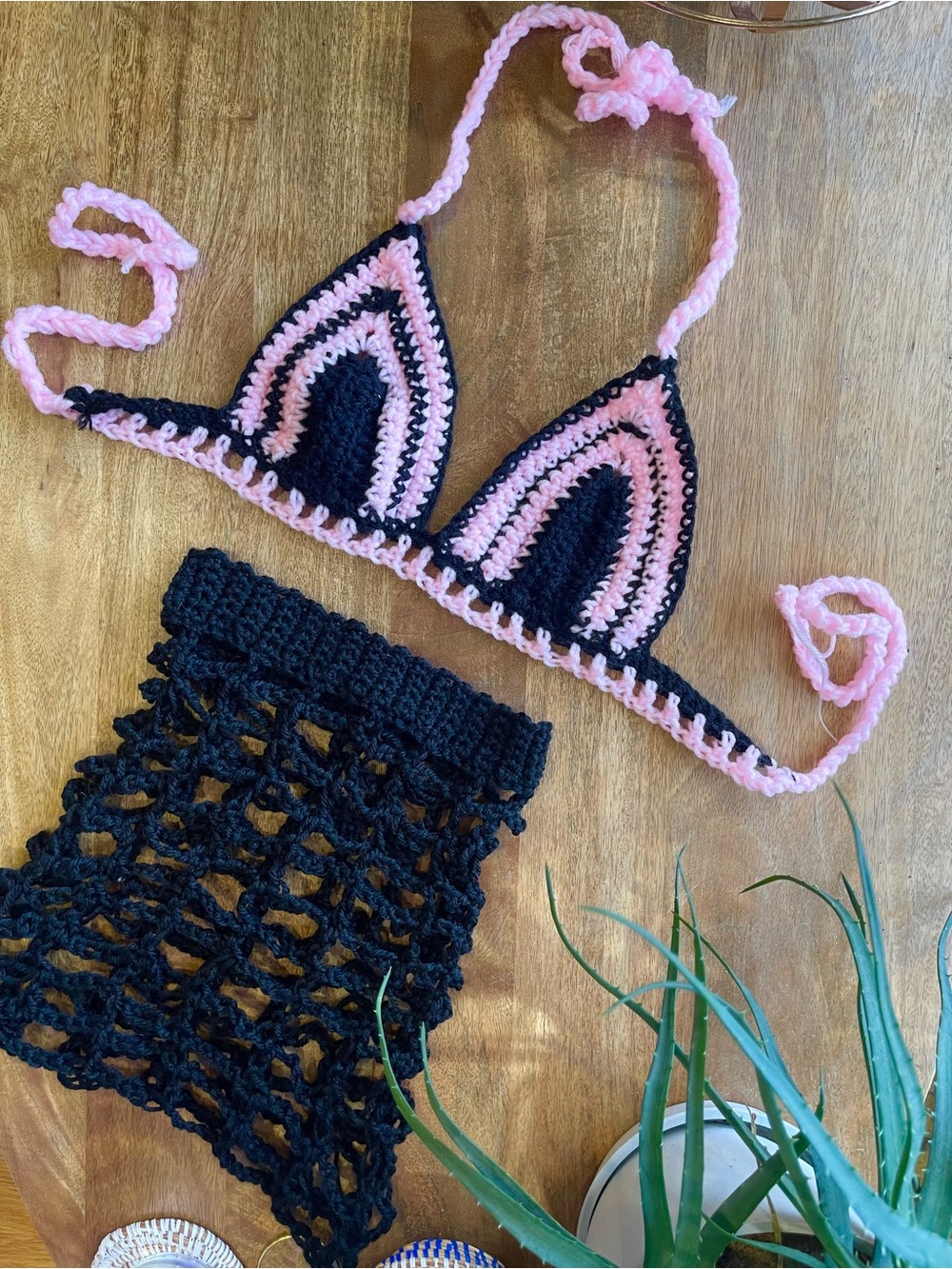 Handmade Black & Pink Crochet Bikini Top